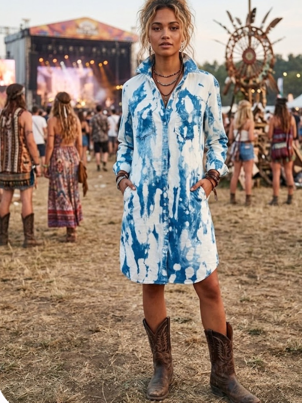 Billy T Billy Western Style Tie Dye Shirt Dress in Blue and White - Size XS